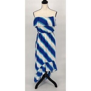 Lilly Pulitzer Blue and White Strapless Ruffle High-Low Maxi Dress
